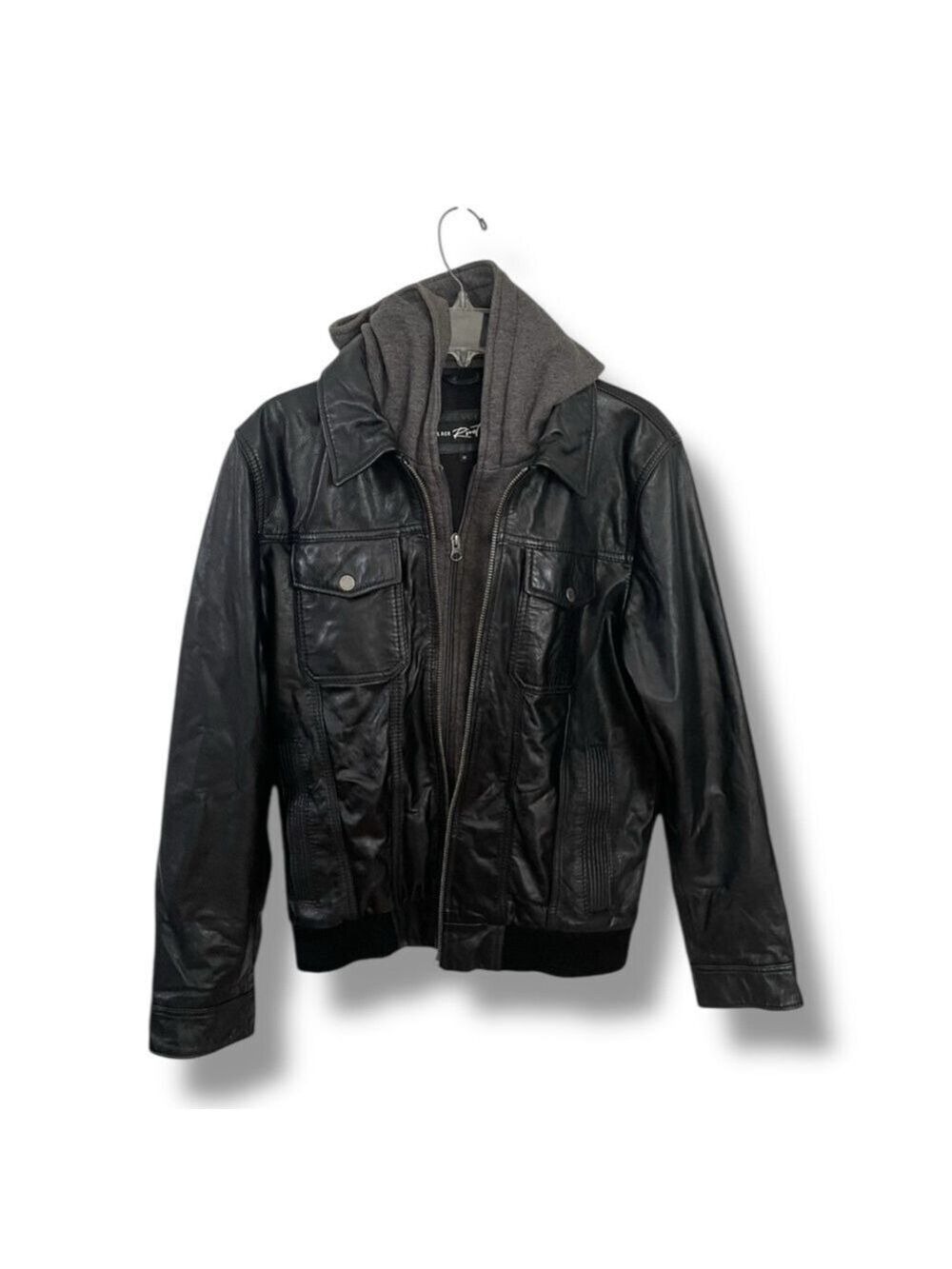 Black Rivet Men’s Leather Bomber Jacket Medium Hooded Moto Quilted Lined